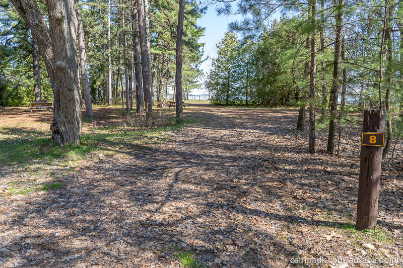Campsite Photo of Site 8 at Ausable Point Campground, New York - Looking at Site from Road Sign Visible