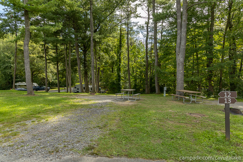 Campsite Photo of Site 12 at Cayuga Lake State Park, New York - Looking at Site from Road Sign Visible