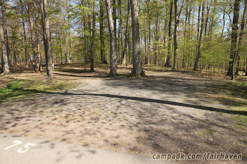 Campsite Photo of Site 75 at Fair Haven Beach State Park, New York - Looking at Site from Road Sign Visible