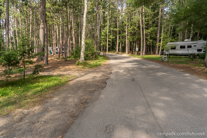 Campsite Photo of Site 1 at Fish Creek Pond Campground, New York - View Down Road from Campsite