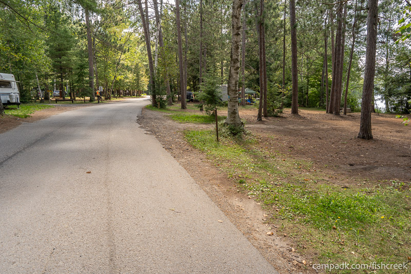 Campsite Photo of Site 1 at Fish Creek Pond Campground, New York - View Down Road from Campsite