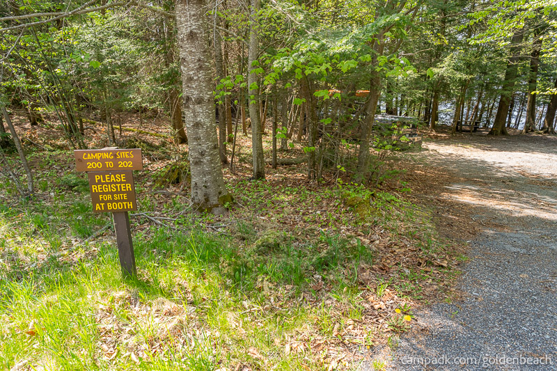 Campsite Photo of Site 200 at Golden Beach Campground, New York - Looking at Site from Road Sign Visible