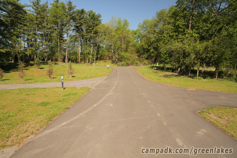 Campsite Photo of Site P29 at Green Lakes State Park, New York - View Down Road from Campsite