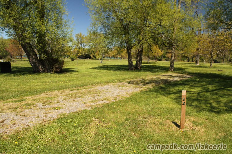 Campsite Photo of Site 53 at Lake Erie State Park, New York - Looking at Site from Road Sign Visible