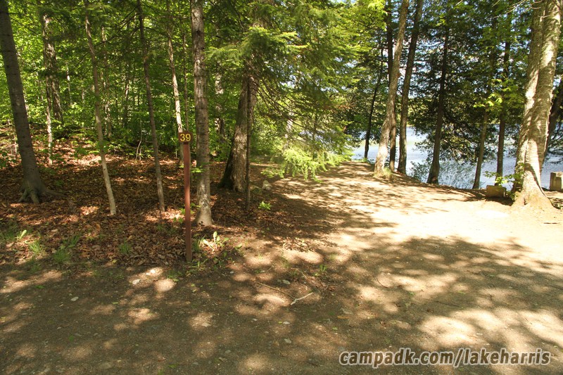 Campsite Photo of Site 39 at Lake Harris Campground, New York - Looking at Site from Road Sign Visible