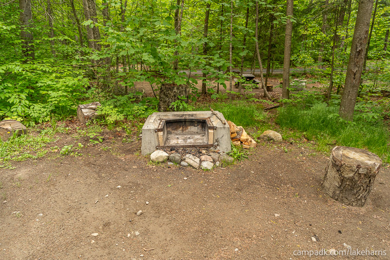 Campsite Photo of Site 51 at Lake Harris Campground, New York - Fireplace View