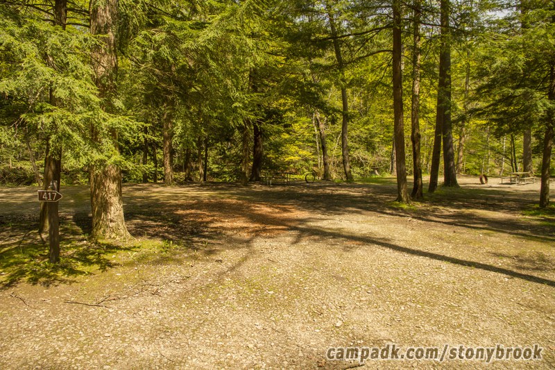Campsite Photo of Site 417 at Stony Brook State Park, New York - Looking at Site from Road Sign Visible