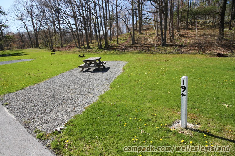 Campsite Photo of Site 19 at Wellesley Island State Park, New York - Looking at Site from Road Sign Visible