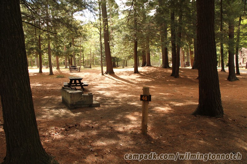Campsite Photo of Site 46 at Wilmington Notch Campground, New York - Looking at Site from Road Sign Visible